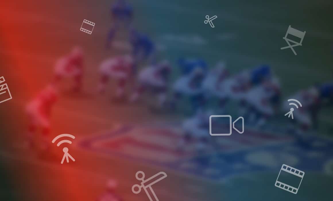 a background that shows icons that relate to virtual fan engagement - including cameras, streaming and film
