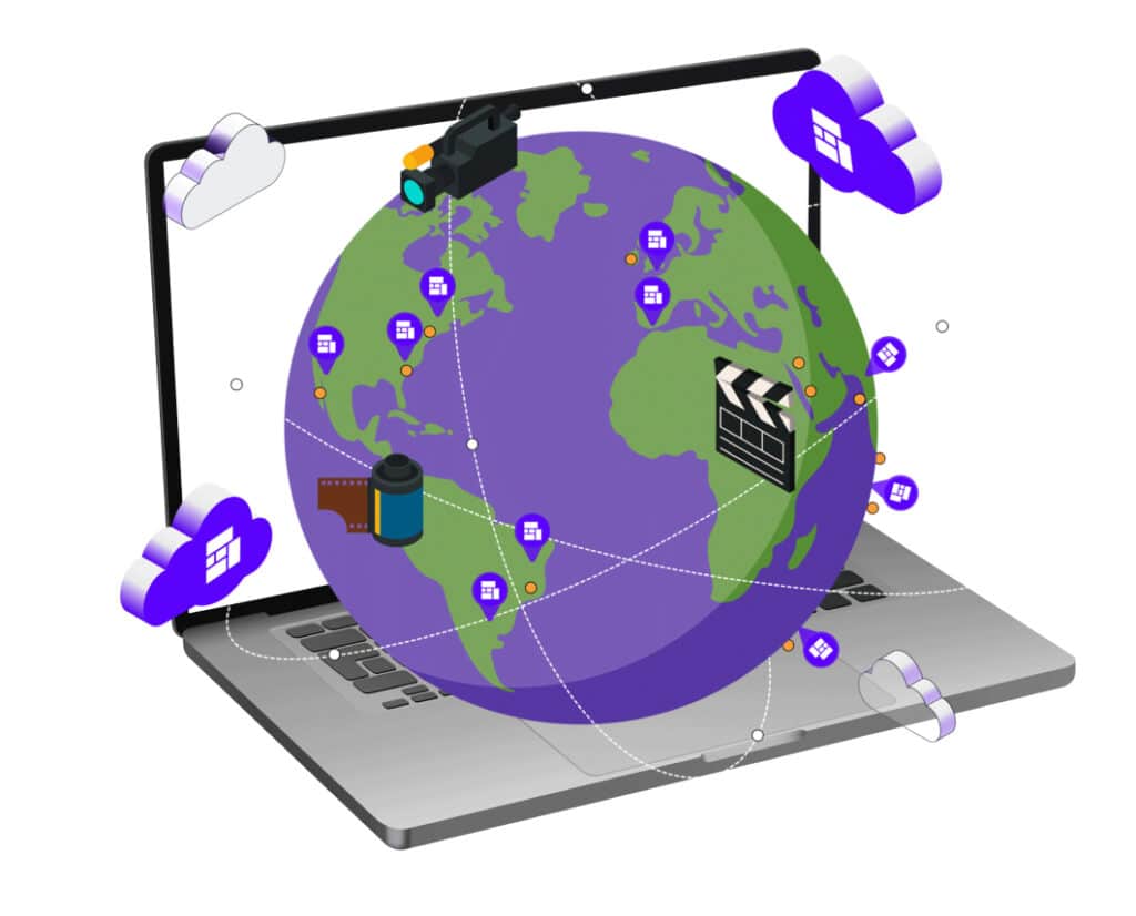 an image of a laptop with a globe inside it, illustrating the connected nature of video production in the cloud