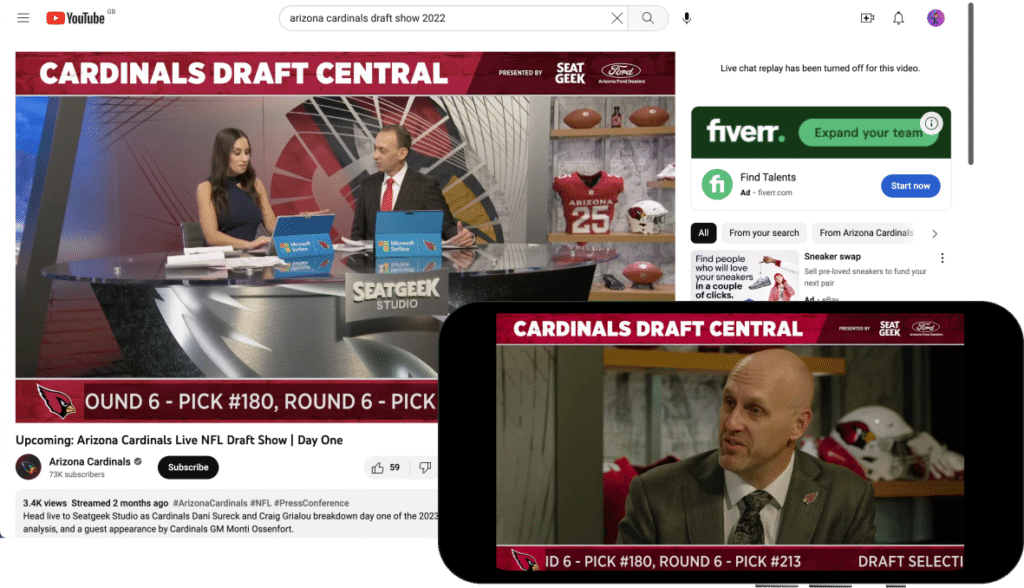 the output of an Arizona cardinals draft show broadcast to youtube and a smartphone