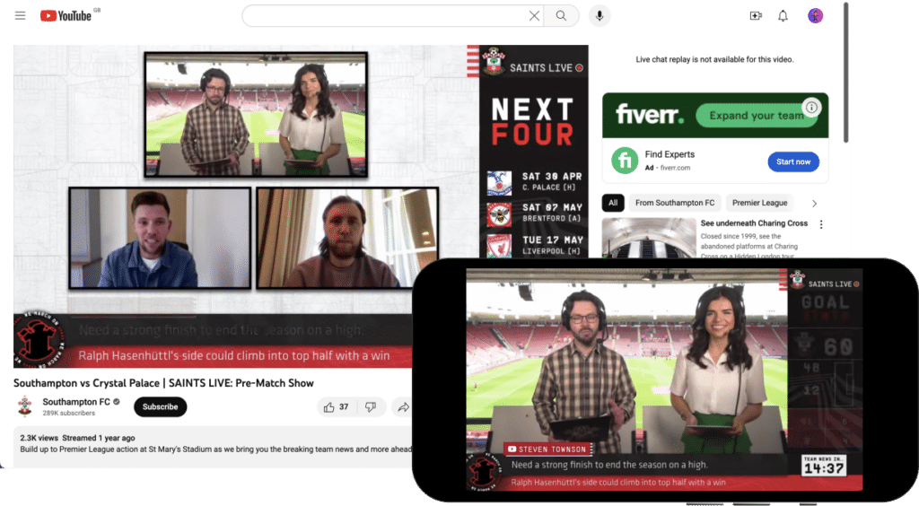 a live gameday show broadcast to youtube and a smartphone
