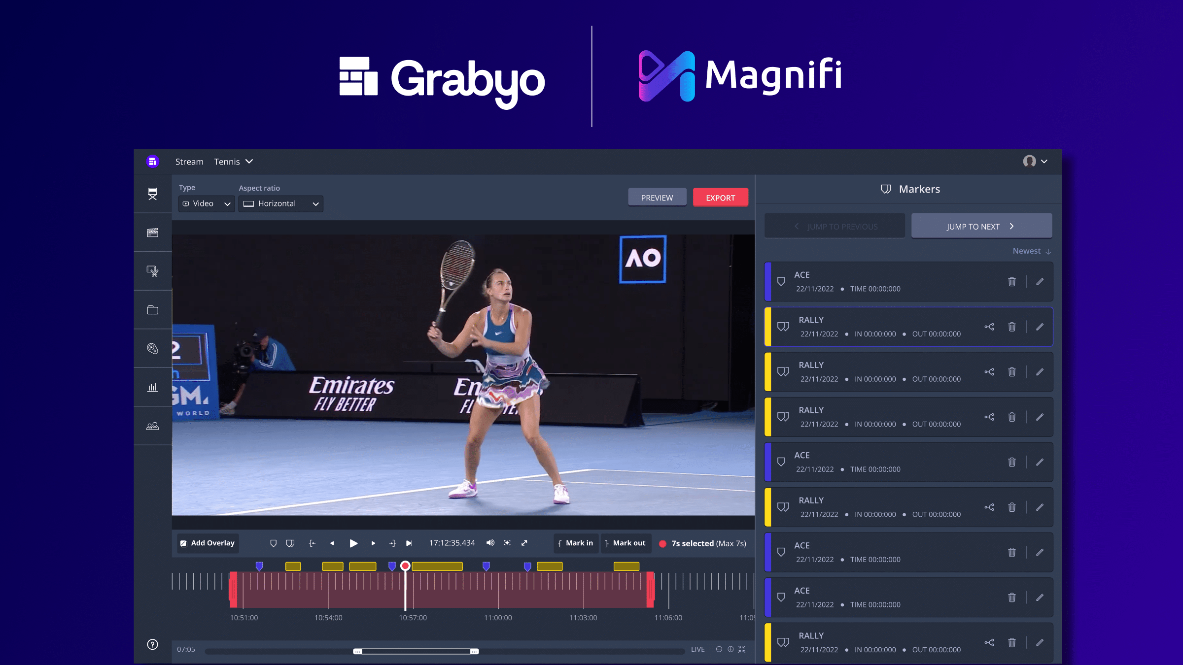 an image of grabyo's live clipping platform with automated highlights markers
