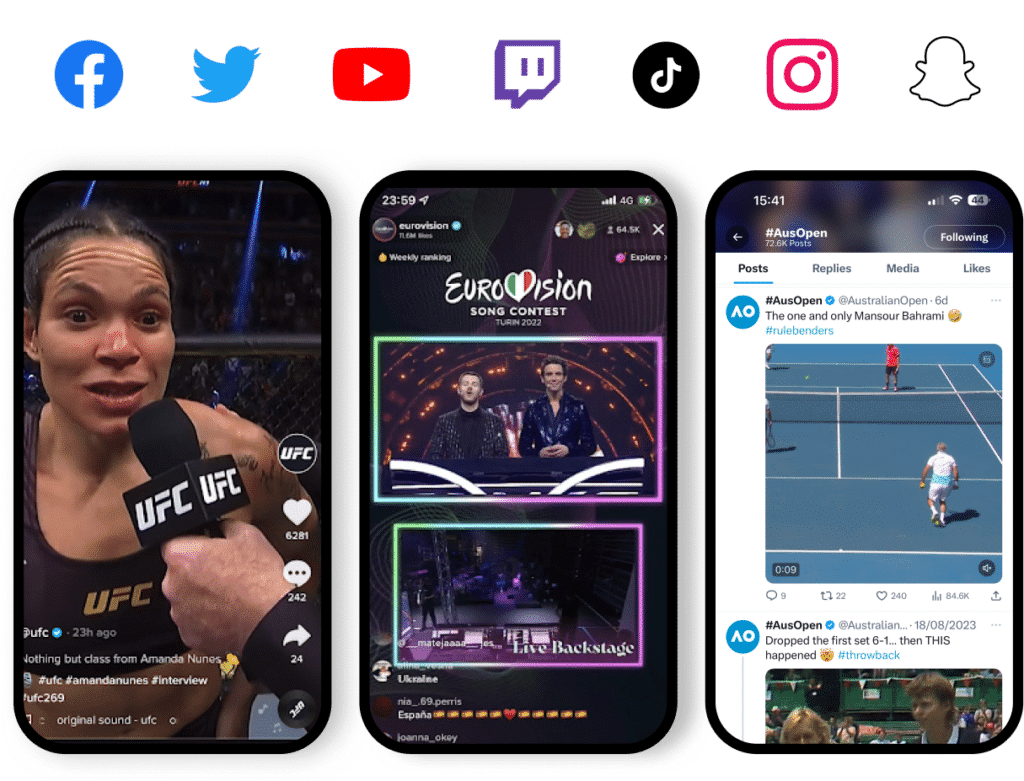 Three phones showing live videos being published on various social platforms.