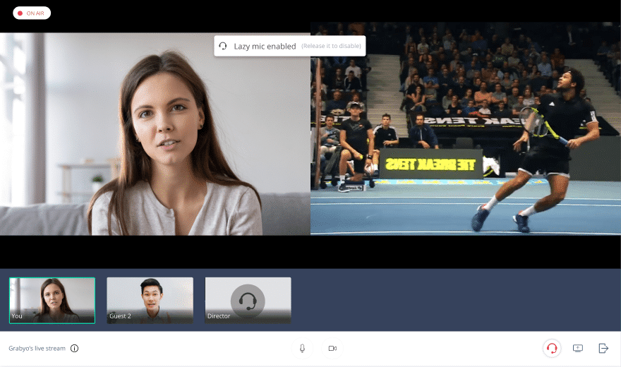 Grabyo UI showing remote guest discussing a tennis match