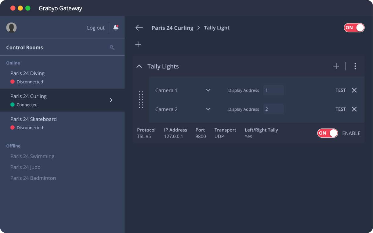 an image of Grabyo Gateway, a desktop app used for controlling tally lights