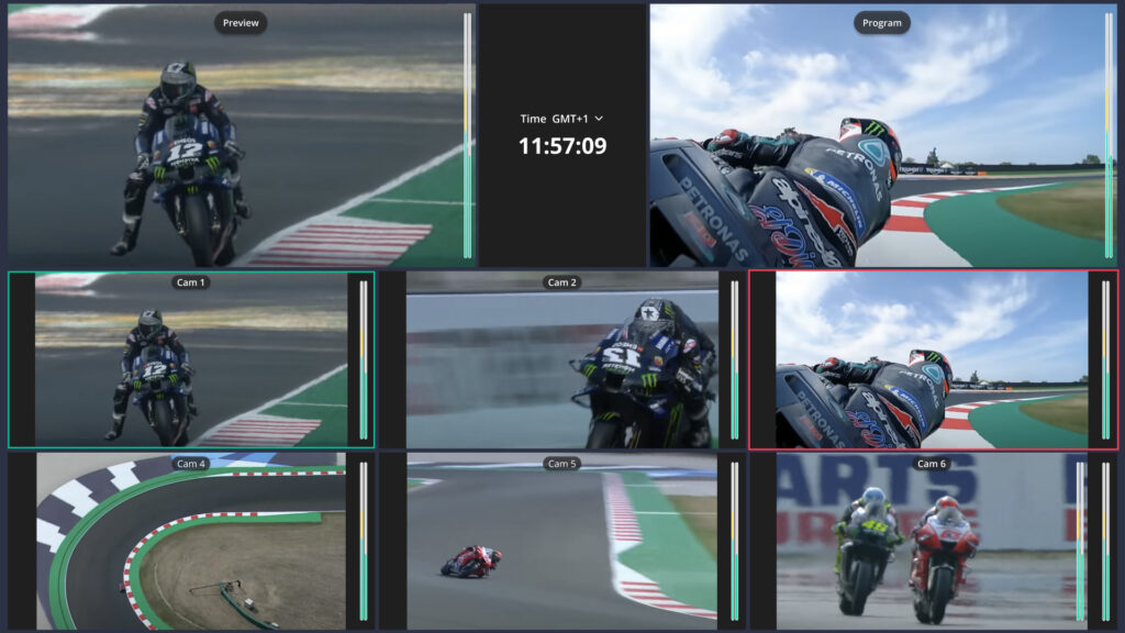 Grabyo's multiviewer within its live cloud production platform, showing a motogp live production