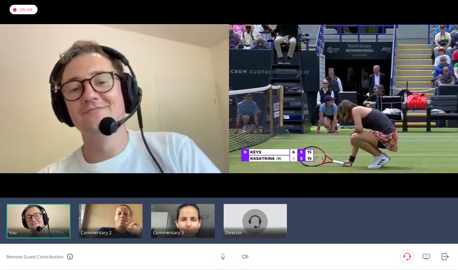 grabyo's remote guest interface with its live cloud production platform, with a tennis live production taking place with remote commentary