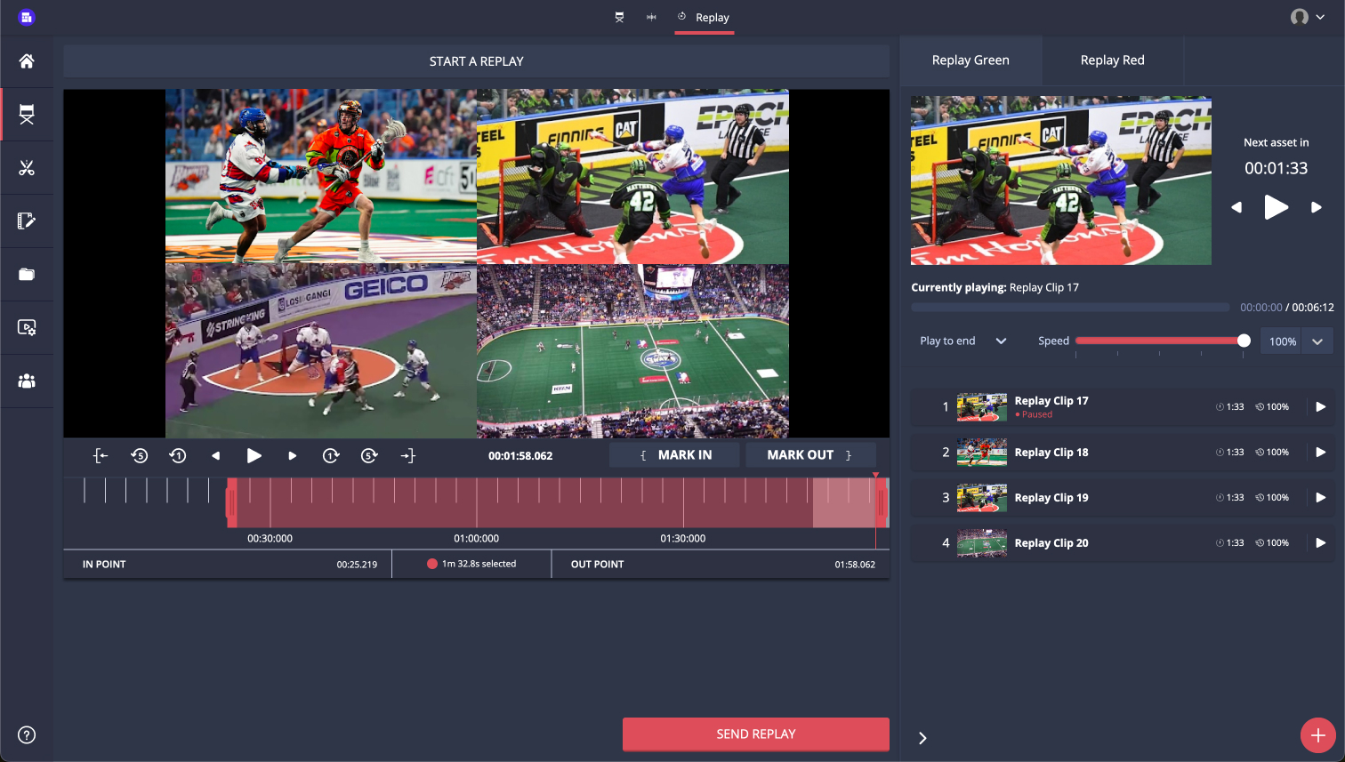 Grabyo's replay interface within its live cloud production platform, with a hockey live production taking place