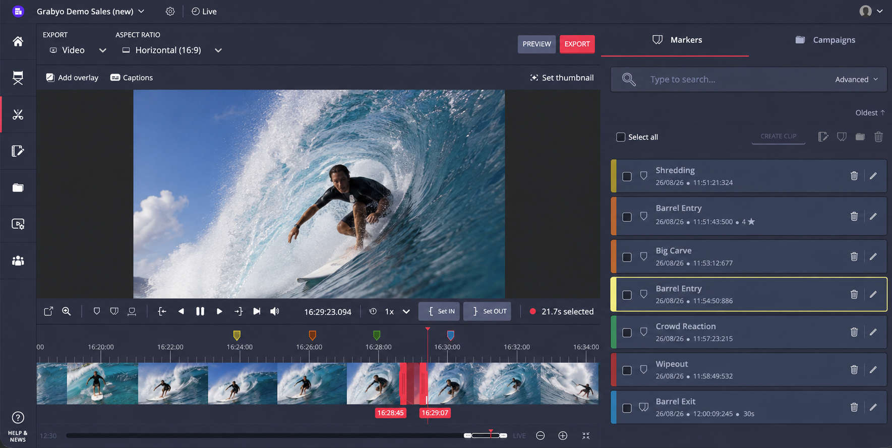 Grabyo Studio: marking a highlight on the timeline