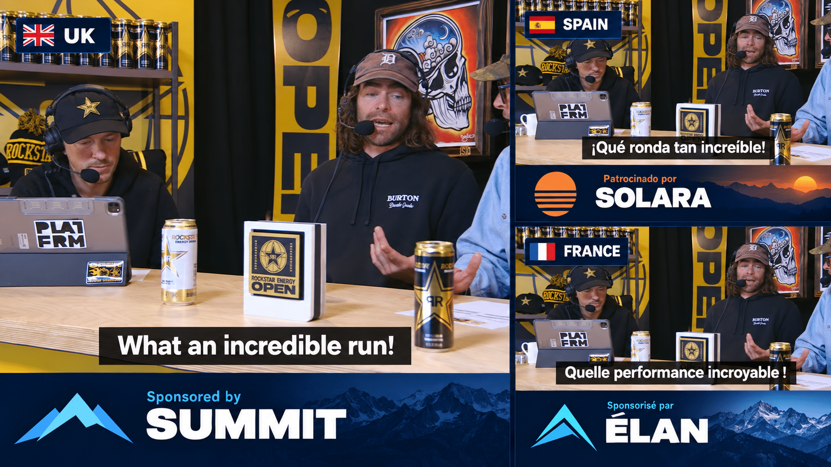 Grabyo broadcast localised into UK, Spain and France feeds with translated captions and local sponsor branding